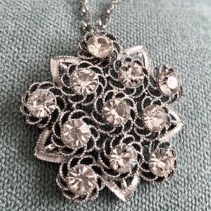 Vintage Silver and Rhinestone Necklace, 22" Silver Chain